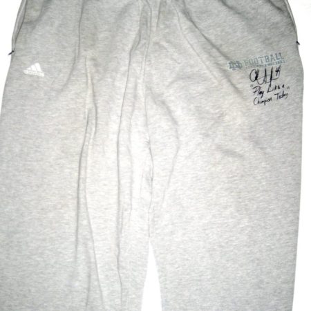 Asaph Schwapp Training Worn & Autographed Official Gray Notre Dame Fighting Irish Adidas Sweatpants - Inscribed Play Like A Champion!