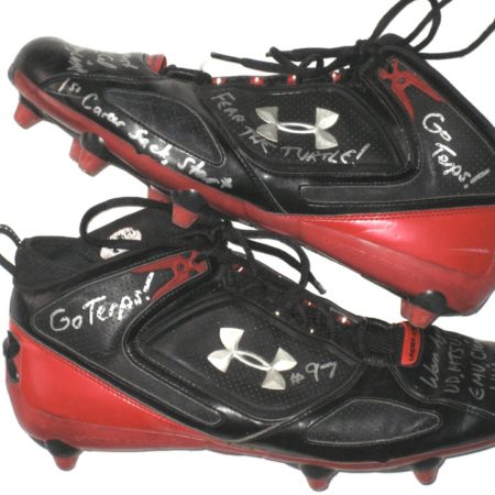 Dean Muhtadi Maryland Terrapins Game Used & Signed Black & Red Under Armour Cleats - Worn for 1st Career Start & Sack!