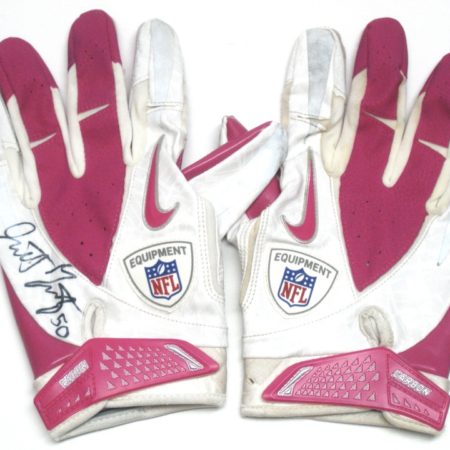 Garrett McIntyre New York Jets Game Used & Signed Pink Breast Cancer Awareness Nike Gloves