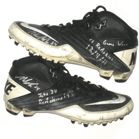 Nick Bellore New York Jets Game Worn & Signed Black & White Nike Cleats - Worn In Win Vs Washington Redskins, Great Use!!