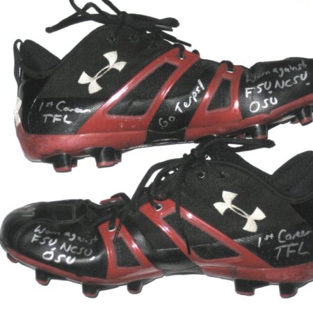 Dean Muhtadi AKA Mojo Rawley Maryland Terrapins Game Worn & Signed Red & Black Under Armour Cleats - Worn for 1ST Career Tackle for Loss!