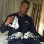 Alvin Scioneaux with San Diego Chargers 2014 Training Camp Worn & Signed Blue & White Nike Gloves