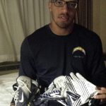 Alvin Scioneaux with San Diego Chargers 2014 Training Camp Worn & Signed Blue & White Nike Gloves1
