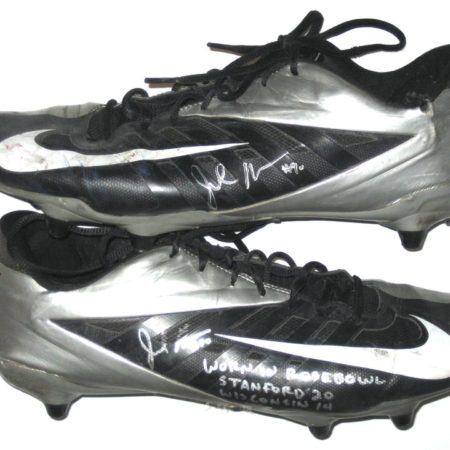 Josh Mauro Stanford Cardinal Game Worn & Signed Black & Silver Nike Cleats - Worn In 20-14 Win Vs Wisconsin Badgers in 2013 Rose Bowl, 6 Tackles!!!