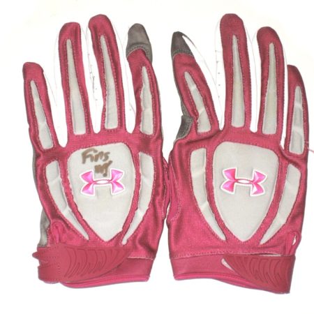 AJ Francis Miami Dolphins Training Worn & Signed “Fins Up!” Pink & Gray Under Armour Gloves