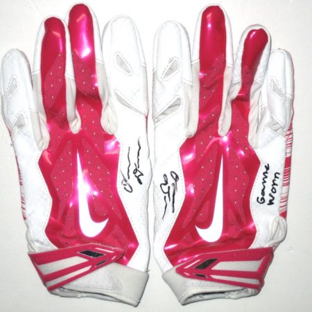 Orleans Darkwa New York Giants Game Used & Signed Pink & White Nike Gloves