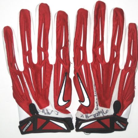Jay Bromley New York Giants Game Worn & Signed Red & White Nike Gloves
