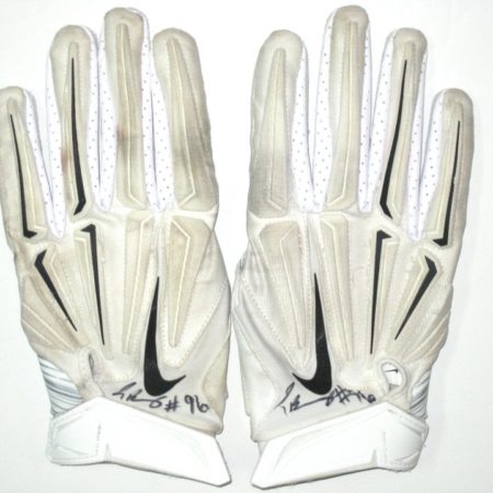 Jay Bromley New York Giants Game Used & Signed White, Black & Silver Nike Superbad Gloves