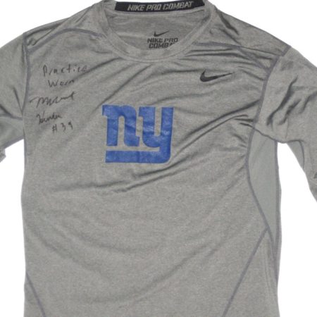 Michael Hunter Practice Worn & Signed Gray & Blue New York Giants Nike Pro Combat Compression Long Sleeve Shirt