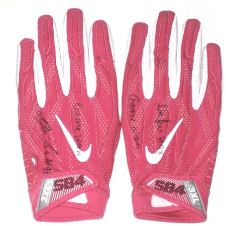 Deon Simon New York Jets Game Used & Signed Pink & White Breast Cancer Awareness Nike Superbad 4.0 Gloves