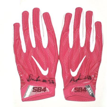 Deon Simon New York Jets Game Issued & Signed Pink & White Breast Cancer Awareness Nike Superbad 4.0 Gloves
