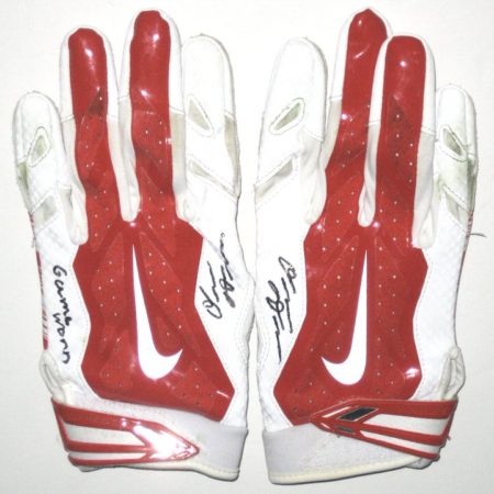Orleans Darkwa 2016 New York Giants Game Worn & Signed Red & White Nike Vapor Jet Large Gloves