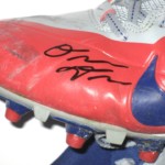 Orleans Darkwa 2016 New York Giants Game Worn & Signed Red, Gray & Blue Nike Alpha Pro Cleats