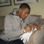 Andrew Adams Signing New York Giants Game Worn White & Silver Nike Gloves