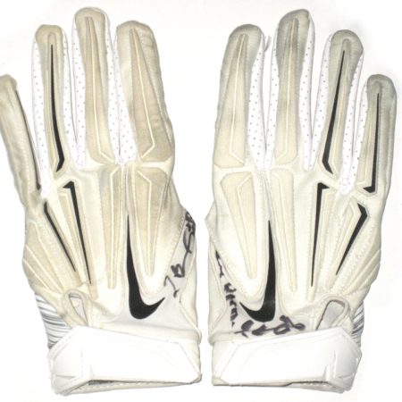 Jay Bromley New York Giants Game Used & Signed White, Black & Silver Nike Superbad Gloves