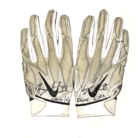 Henry Anderson New York Jets 2018 Game Worn & Signed White, Black & Gray Nike Superbad Gloves – Good Use!!!