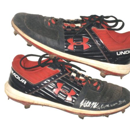 Patrick Mazeika 2019 Binghamton Rumble Ponies Game Worn & Signed Blue & Red Under Armour Cleats - Embroidered with Initials!