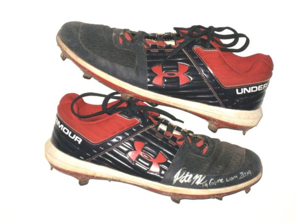 Patrick Mazeika 2019 Binghamton Rumble Ponies Game Worn & Signed Blue & Red Under Armour Cleats - Embroidered with Initials!