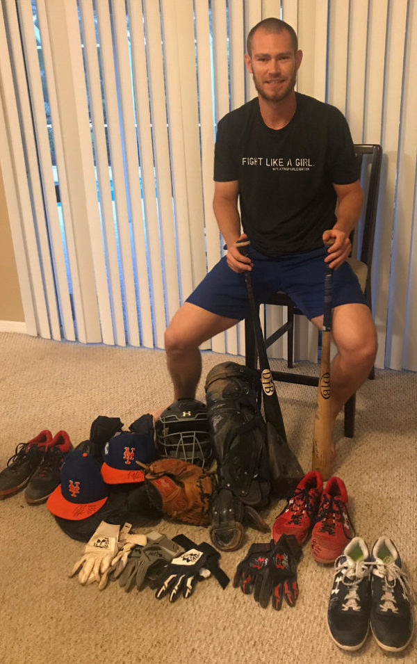 Patrick Mazeika with 2019 Binghamton Rumble Ponies Game Worn & Signed Blue & Red Under Armour Cleats - Embroidered with Initials!