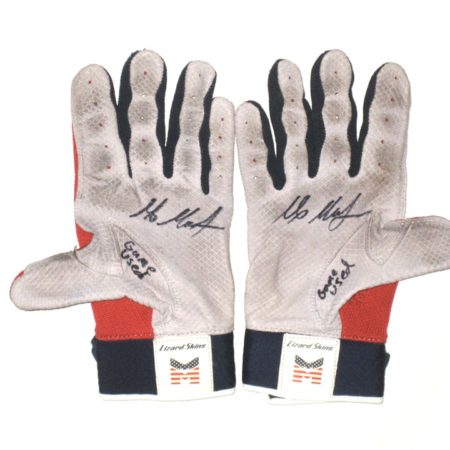 Max Moroff 2019 Columbus Clippers Game Used & Signed Red, Blue & Gray Lizard Skins Batting Gloves