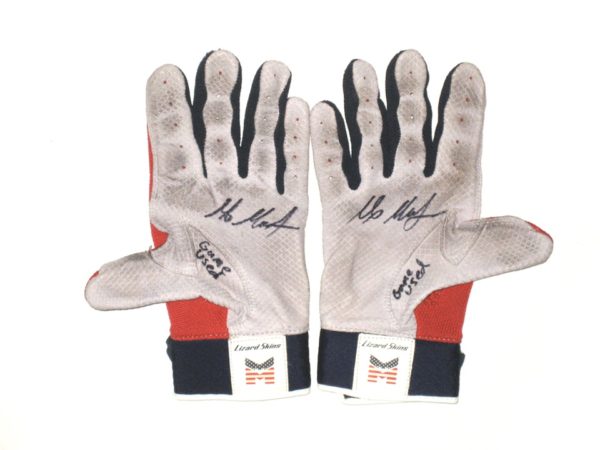 Max Moroff 2019 Columbus Clippers Game Used & Signed Red, Blue & Gray Lizard Skins Batting Gloves
