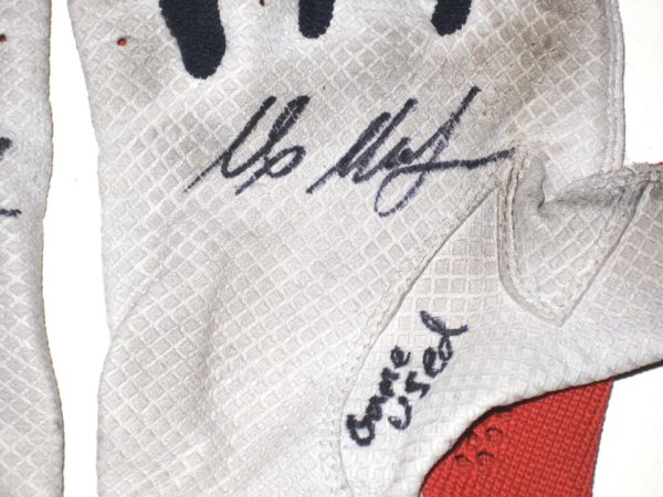 Max Moroff 2019 Columbus Clippers Game Used & Signed Red, Blue & Gray Lizard Skins Batting Gloves
