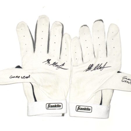 Max Moroff 2019 Columbus Clippers Game Used & Signed White, Blue & Gray Franklin Batting Gloves