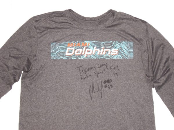 Frank Ginda 2018 Training Camp Worn & Signed Official Miami Dolphins #58 Long Sleeve Nike Dri-Fit XL Shirt