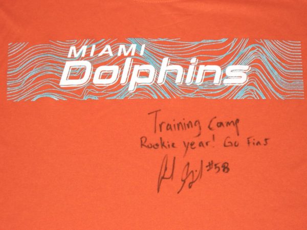 Frank Ginda 2018 Training Camp Worn & Signed Official Miami Dolphins #58 Nike Dri-Fit XL Shirt