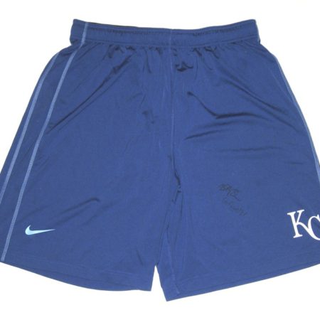 Billy Burns Training Worn & Signed Official Blue & White Kansas City Royals #14 Nike Dri-Fit XL Shorts