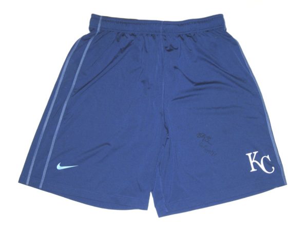 Billy Burns Training Worn & Signed Official Blue & White Kansas City Royals #14 Nike Dri-Fit XL Shorts