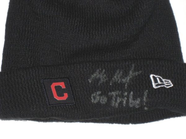 Max Moroff 2019 Dugout Worn & Signed Official Navy Cleveland Indians New Era On-Field Sport Cuffed Knit Hat