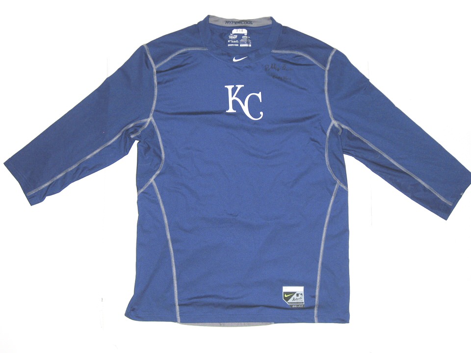 Burns Game Worn & Official Kansas City Royals #14 Nike Pro Combat Fitted 3/4 Large Shirt - Big Dawg Possessions