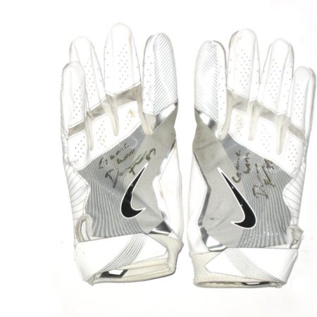 Darren Fells 2019 Houston Texans Game Worn & Signed White & Silver Nike Gloves