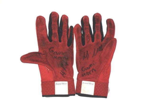 Max Moroff 2019 Cleveland Indians Game Worn & Signed Red & Black Lizard Skins Batting Gloves