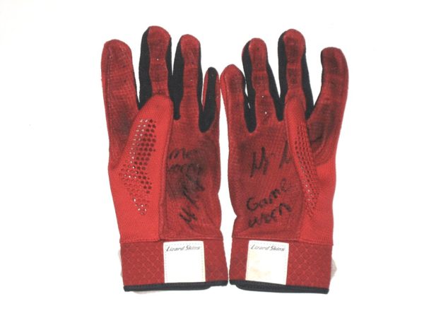 Max Moroff 2019 Cleveland Indians Game Worn & Signed Red & Black Lizard Skins Batting Gloves