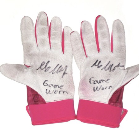 Max Moroff Columbus Clippers Game Worn & Signed Pink, White & Gray Under Armour Batting Gloves