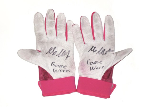 Max Moroff Columbus Clippers Game Worn & Signed Pink, White & Gray Under Armour Batting Gloves