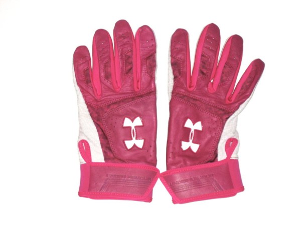 Max Moroff Columbus Clippers Game Worn & Signed Pink, White & Gray Under Armour Batting Gloves - Image 2