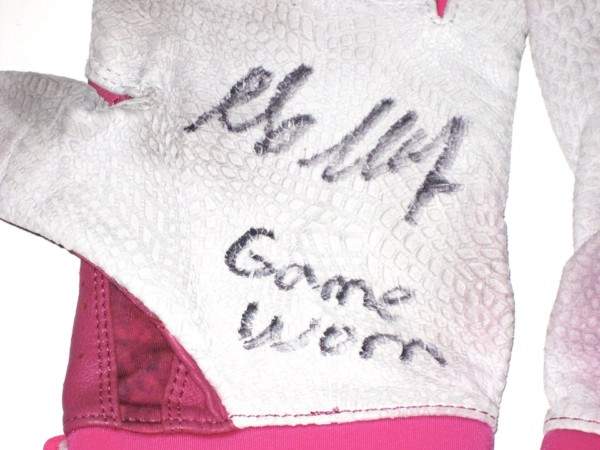 Max Moroff Columbus Clippers Game Worn & Signed Pink, White & Gray Under Armour Batting Gloves