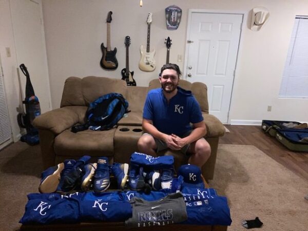 Bryce Hensley with 2020 Kansas City Royals Game Worn & Signed Blue & Black Adidas Turf Shoes – Worn In Instructional League!