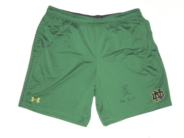 Tommy Kraemer Practice Worn & Signed Official Green Notre Dame Fighting Irish Under Armour HeatGear XXL Shorts