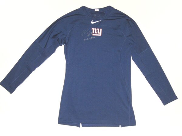 Alex Tanney Player Issued & Signed Official Blue New York Giants #3 On-Field Long Sleeve Nike Dri-Fit Large Shirt