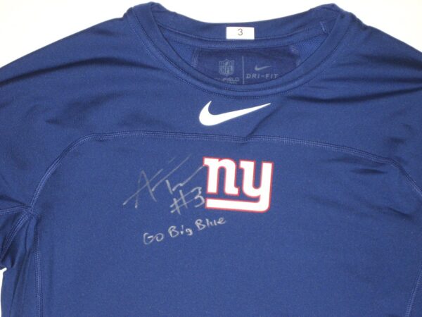 Alex Tanney Player Issued & Signed Official Blue New York Giants #3 On-Field Long Sleeve Nike Dri-Fit Large Shirt