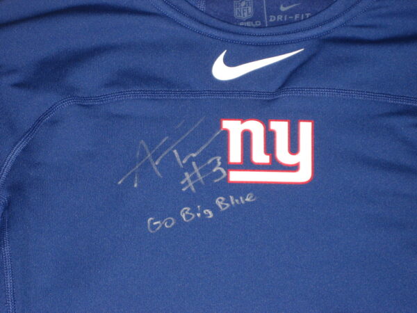 Alex Tanney Player Issued & Signed Official Blue New York Giants #3 On-Field Long Sleeve Nike Dri-Fit Large Shirt