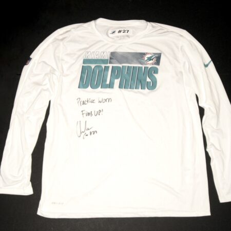 Chandler Cox Practice Worn & Signed Official White Miami Dolphins #27 Long Sleeve Nike Dri-Fit XL Shirt