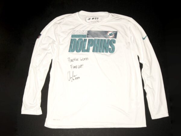 Chandler Cox Practice Worn & Signed Official White Miami Dolphins #27 Long Sleeve Nike Dri-Fit XL Shirt