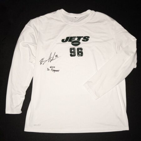 Henry Anderson Pregame Worn & Signed White & Green New York Jets #96 Long Sleeve Nike Dri-Fit XXL Shirt