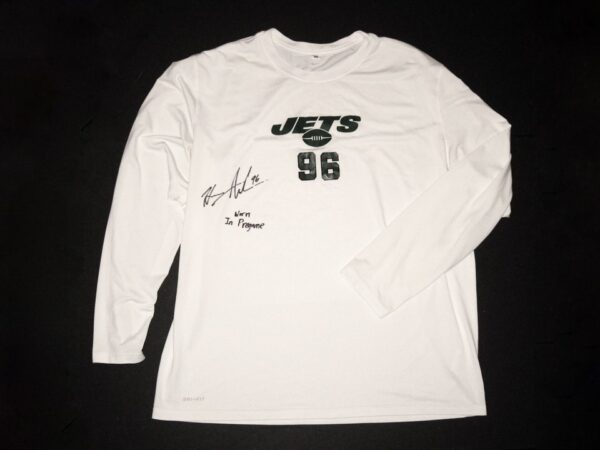 Henry Anderson Pregame Worn & Signed White & Green New York Jets #96 Long Sleeve Nike Dri-Fit XXL Shirt