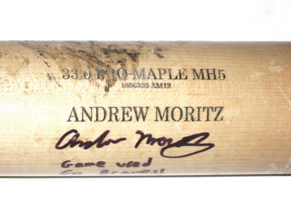 Andrew Moritz 2019 Florida Fire Frogs Game Used & Signed Pro Model MH5 Old Hickory Maple Baseball Bat – Cracked